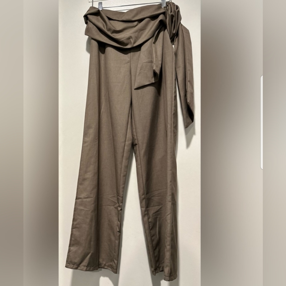 NEW Prettylittlething PTL Label Plus Grey Tie Waist Tailored Straight Leg Pants - Picture 8 of 16